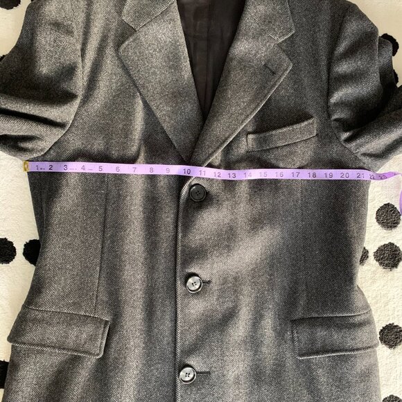Vintage 90s Union Label Charcoal Herringbone Wool Tweed Overcoat Long Pea Coat - Picture 12 of 16